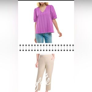 2piece Tan Ankle Cropped Pants and Draper James Boxy Purple Puff Sleeve Blouse